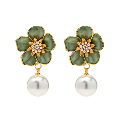 Green Flower with Pearl Earrings